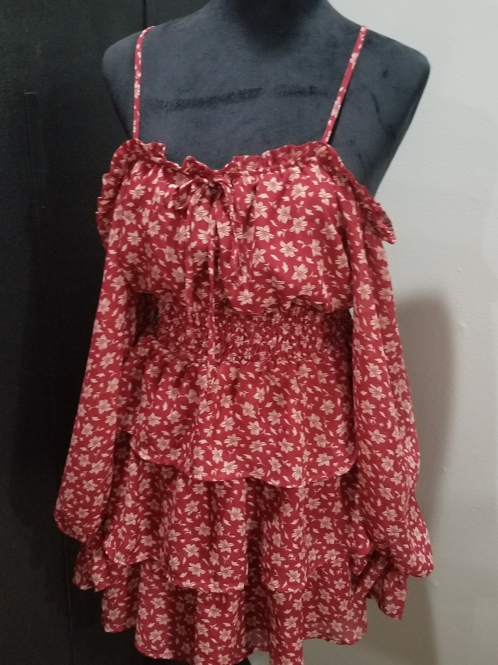 Wine Red Floral Layered Spaghetti Strap Off Shoulder Sundress L